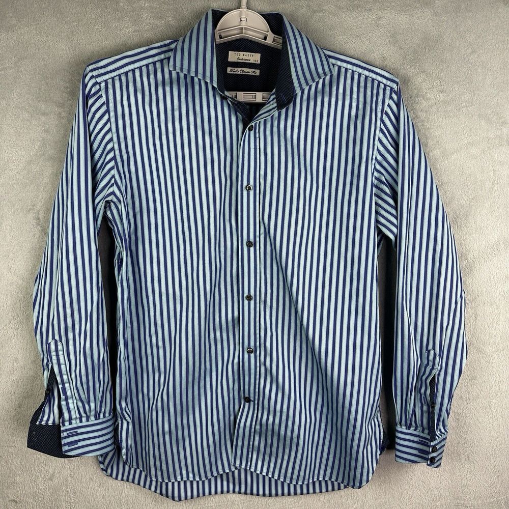 Ted Baker Endurance Shirt Men's Size 16.5‎ Blue Striped Button Up Long Sleeve